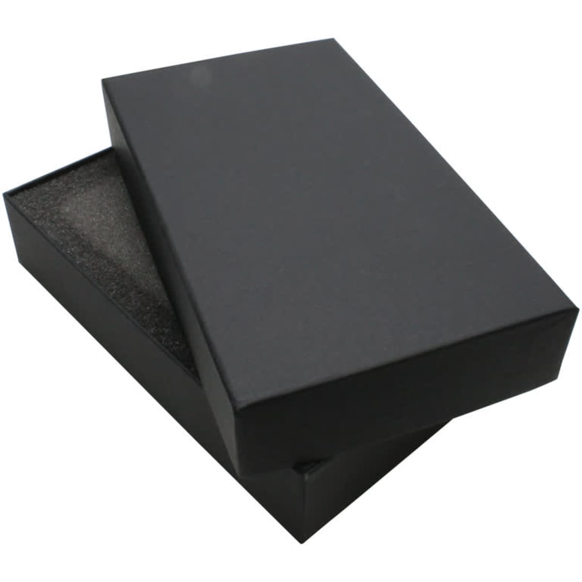 A black two-part gift box with a removable lid and foam interior, designed for packaging items.