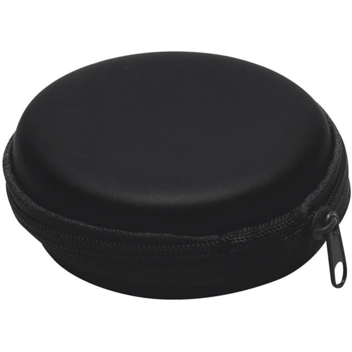 A round, black zippered case with a smooth surface, ideal for storing small items. Features a zip closure.