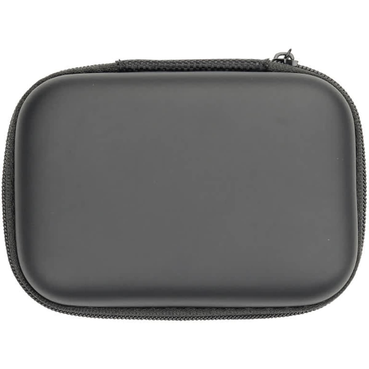 A black zippered case with a smooth exterior, featuring a zipper closure and a logo.