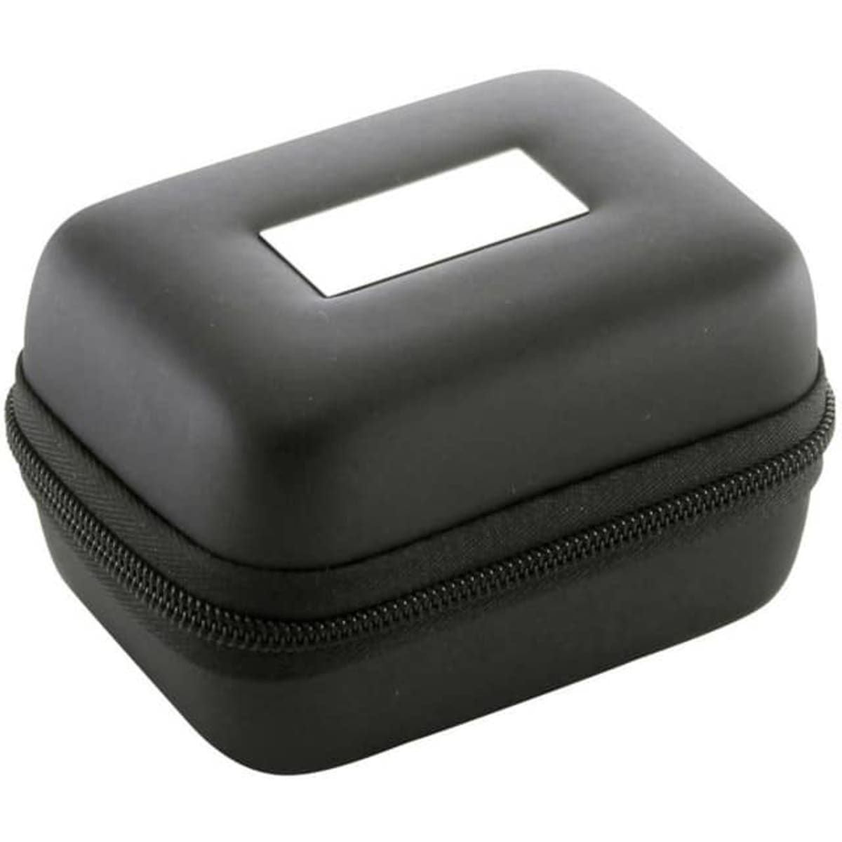 A black zippered case with a hard exterior and a small rectangular opening on top, featuring a logo.