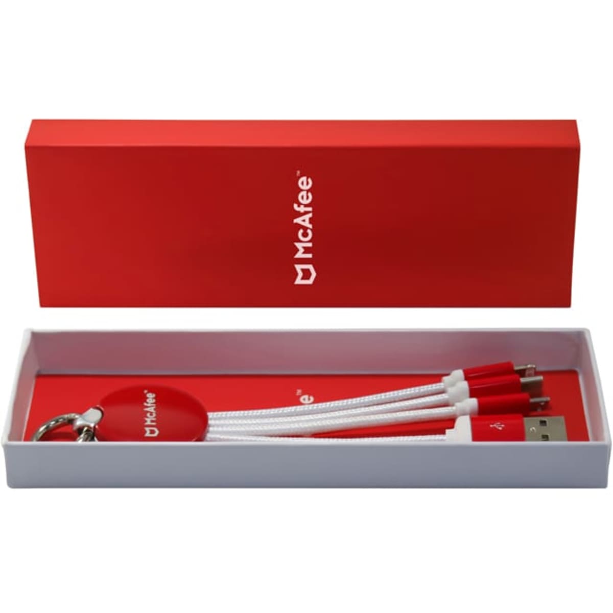 A red gift box containing a multi-connector charging cable with a keyring attachment. Includes a logo.