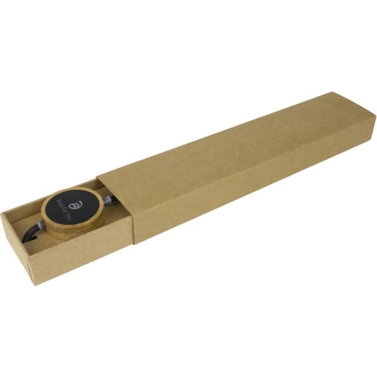 A kraft sliding gift box containing a round item with a logo, showcasing a natural brown colour.