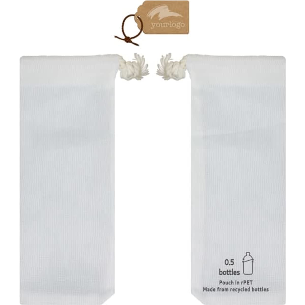 A light grey drawstring pouch made from recycled bottles, featuring a tag with a logo.