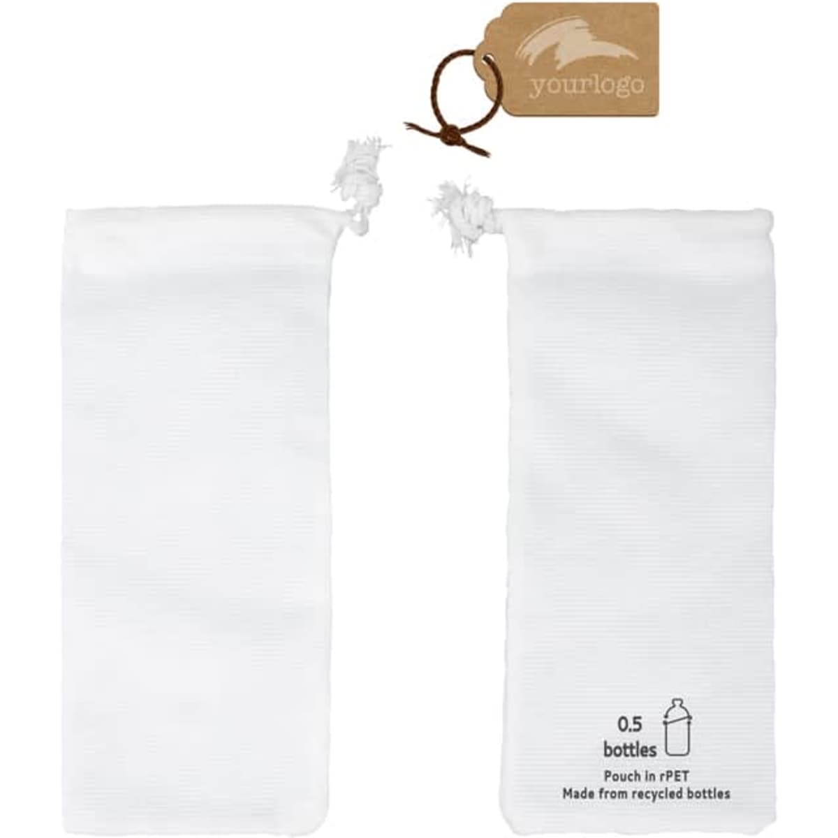 A white eco-friendly accessory pouch made from recycled materials, featuring a logo and a tag.