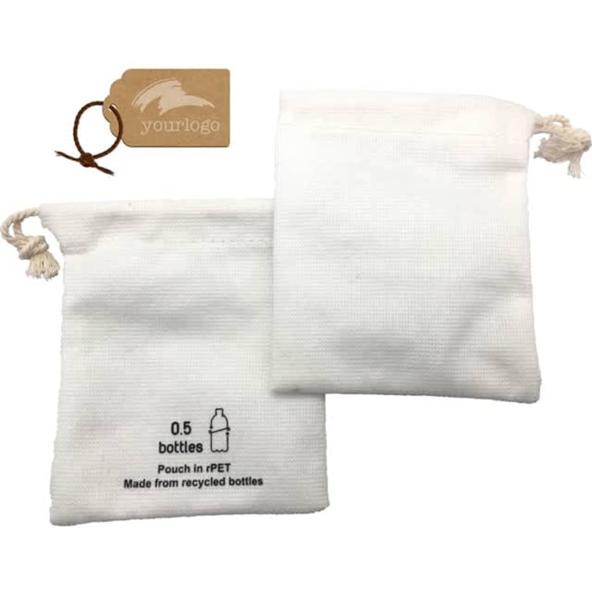 Two white eco-friendly accessory pouches made from recycled materials, featuring a tag and a logo.