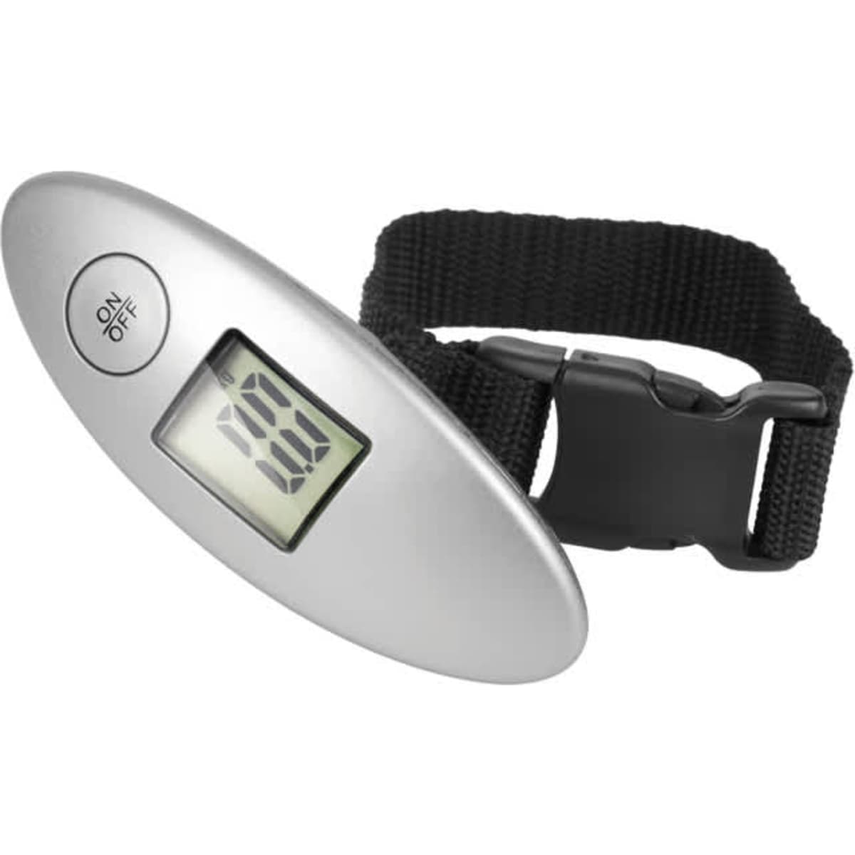 A silver travel scale with a digital display and a black strap for easy handling.