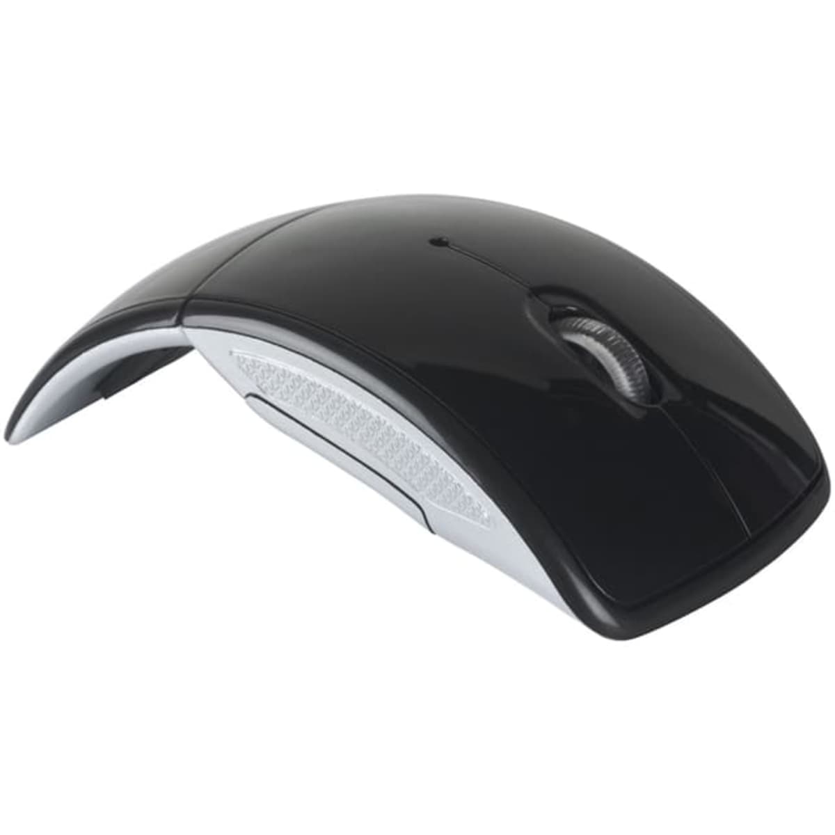 A sleek black wireless optical mouse with a curved design and a silver side accent.