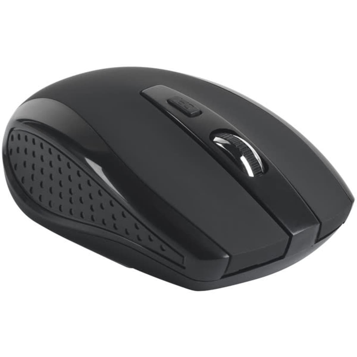A black wireless mouse featuring a scroll wheel and side buttons, with a textured grip on the underside.
