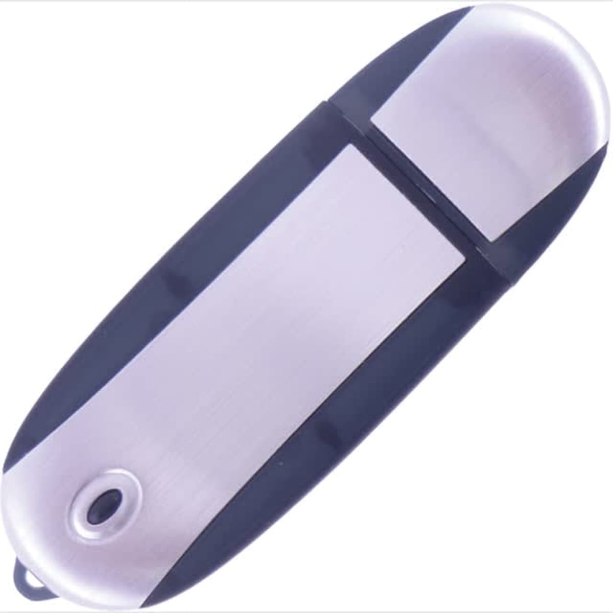 An oval silver and black flash drive with a sleek design and a small hole for attachment.