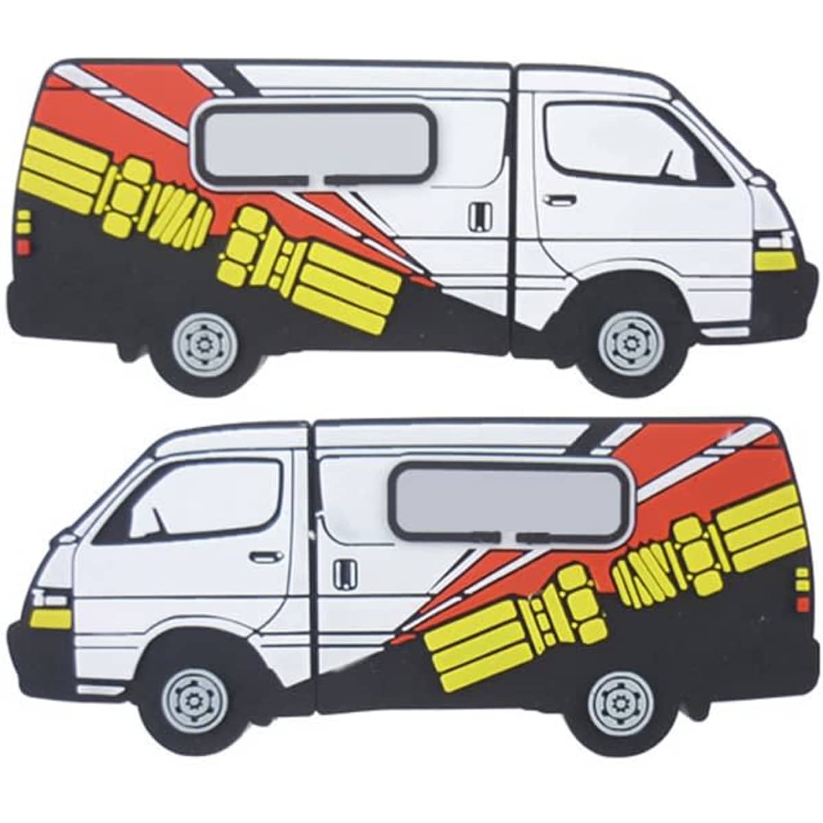 Custom moulded flash drives in the shape of a white van with red and yellow designs, featuring a logo.