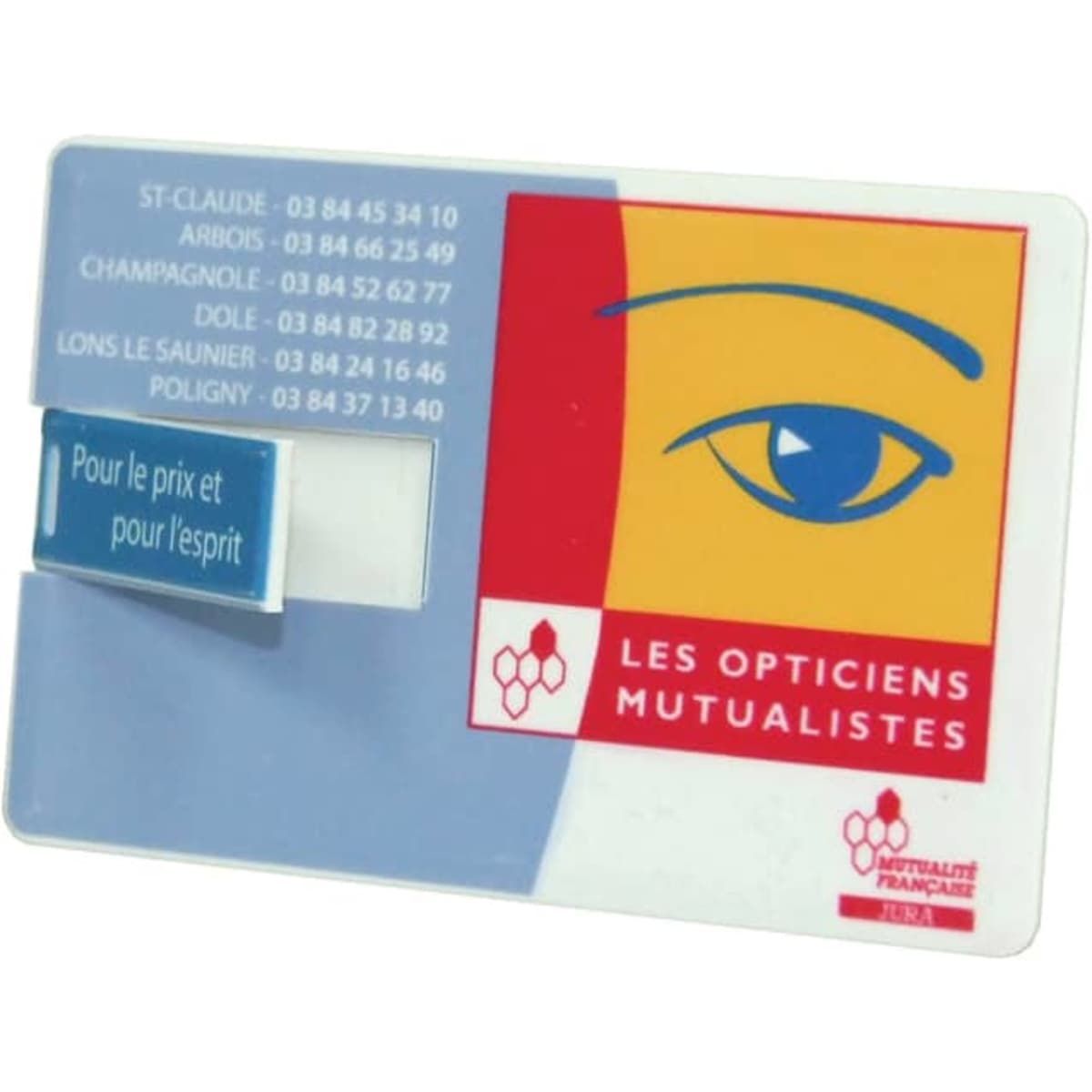 A slim, credit card-sized flash drive in blue and yellow with a logo and contact information on the surface.
