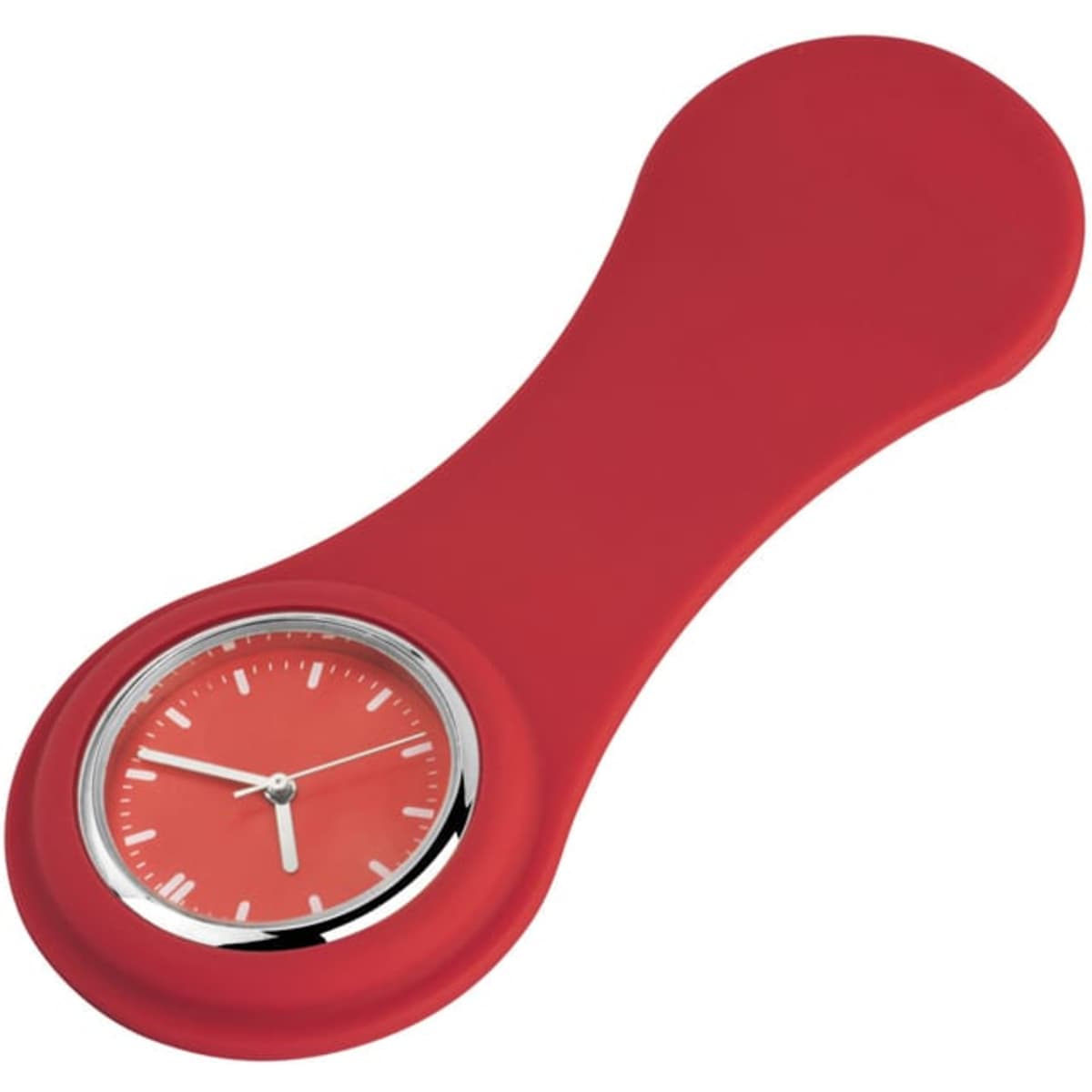 A red silicone watch with a circular watch face and silver accents. It features a simple design and a logo.