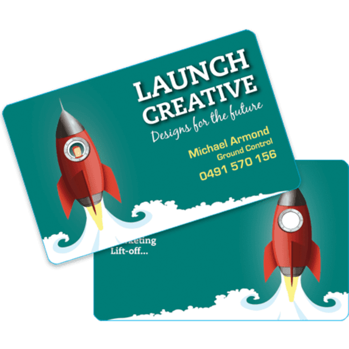 A business card featuring a rocket design with a teal background, showcasing a logo and contact information.