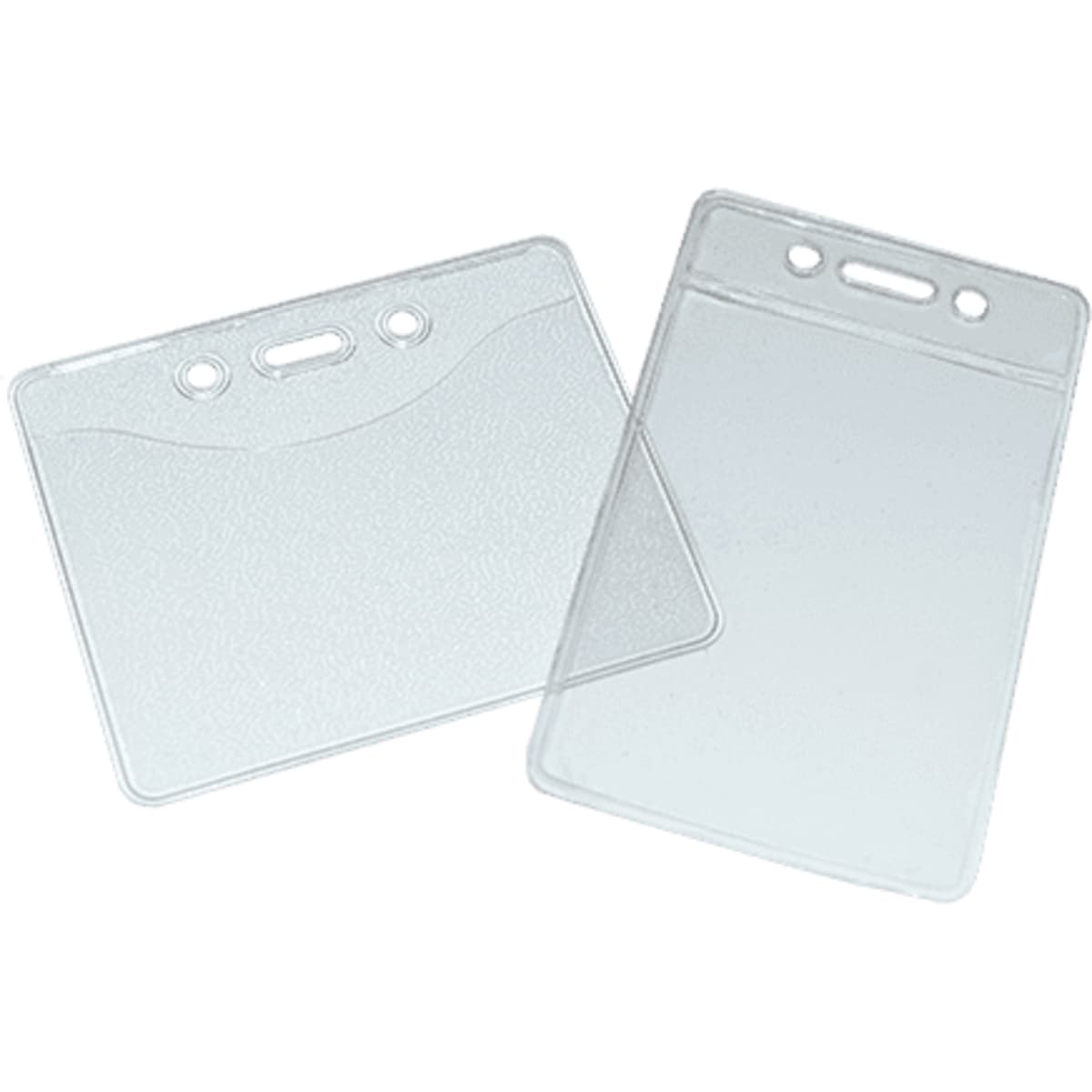 A clear plastic card holder with two openings at the top for attaching to a lanyard or clip.