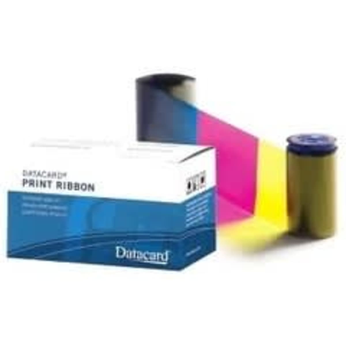 A box of Datacard print ribbon with rolls of magenta, yellow, and black ribbon beside it. The box features a logo.