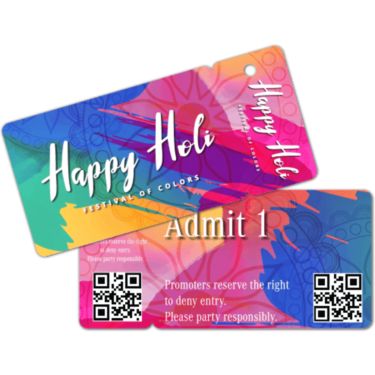 A colourful promotional combo card featuring a floral design and a logo, with QR codes on both sides.
