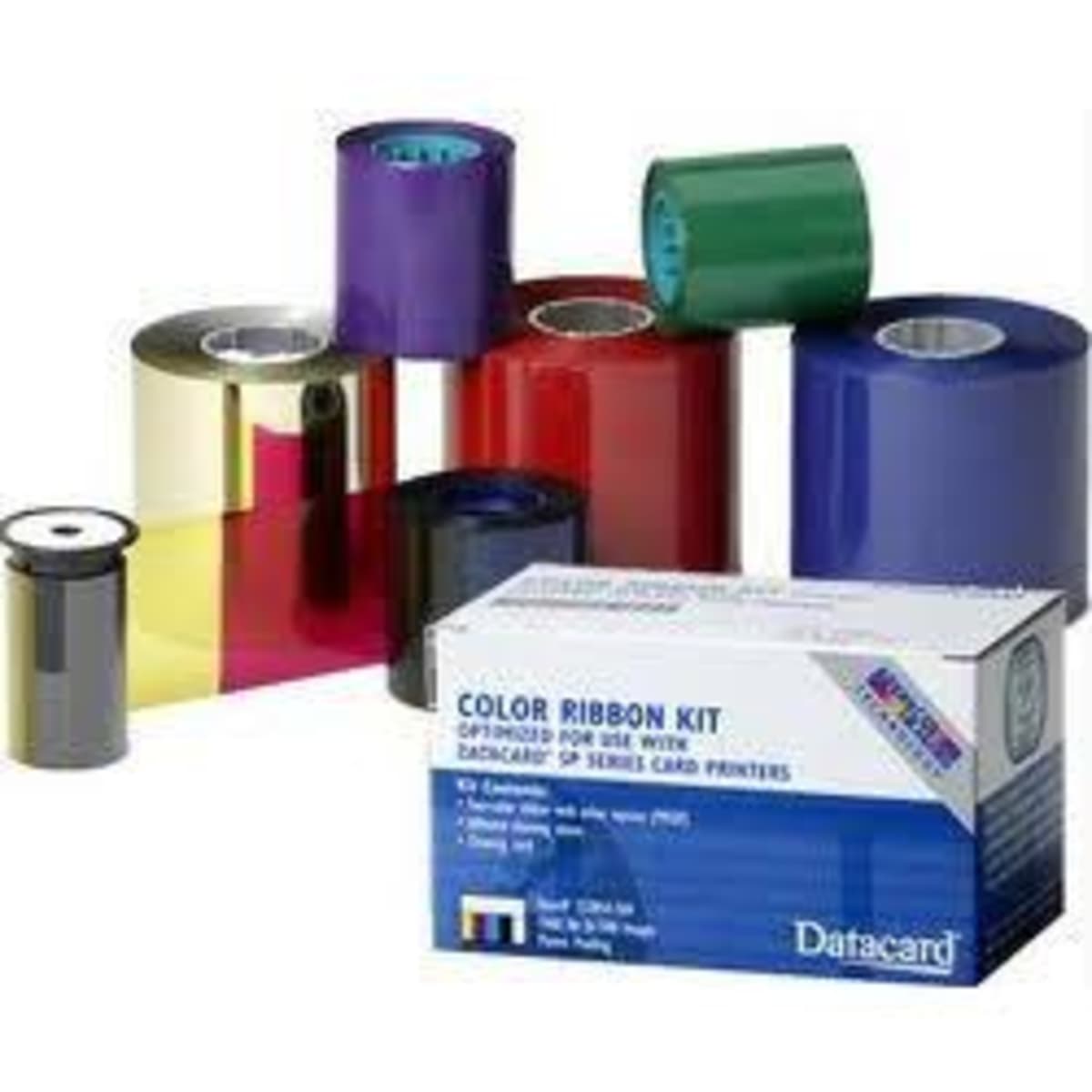 A set of coloured ribbons in various hues, including purple, green, yellow, and red, with a box for storage.