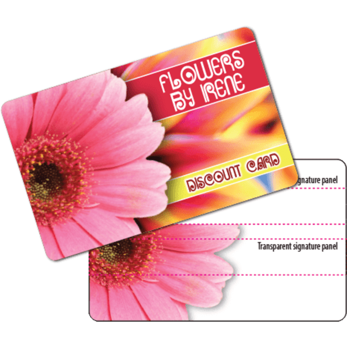 A promotional discount card featuring a pink flower design with a transparent signature panel on the back.