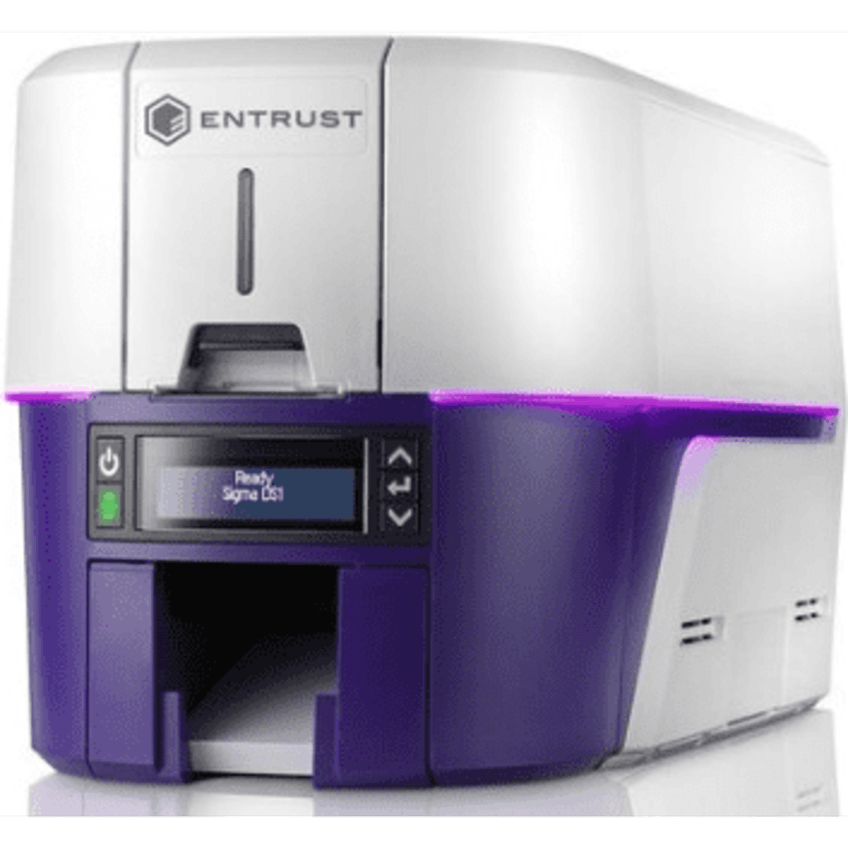 A card printer in white and purple, featuring a front loading slot and a control panel. It has a logo on top.