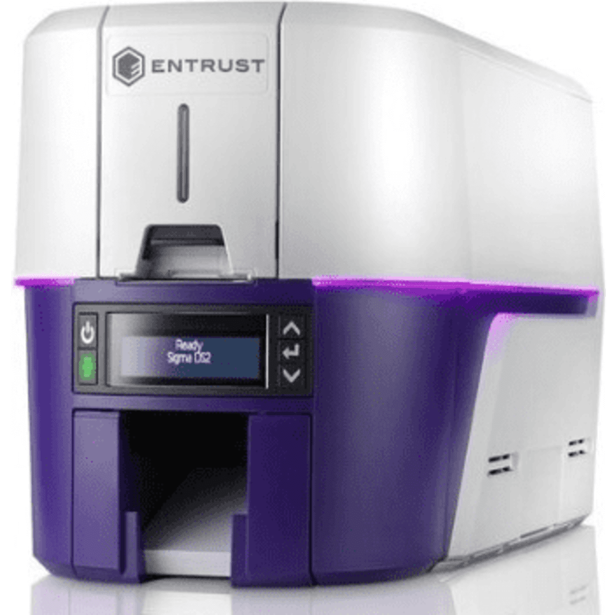 A card printer in white and purple, featuring a branding logo, buttons, and a card output slot.