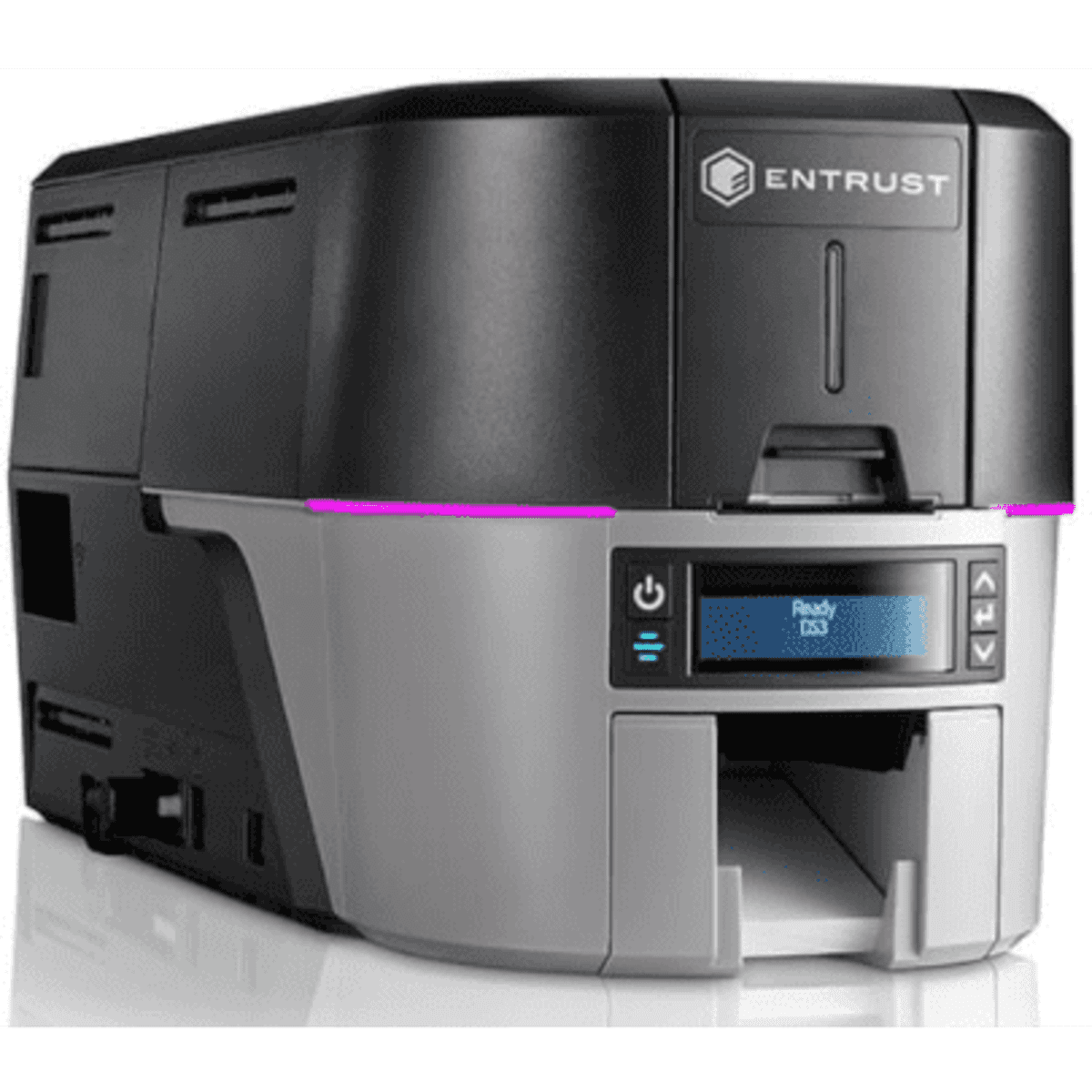 A card printer featuring a black and grey design with a display panel and a logo.