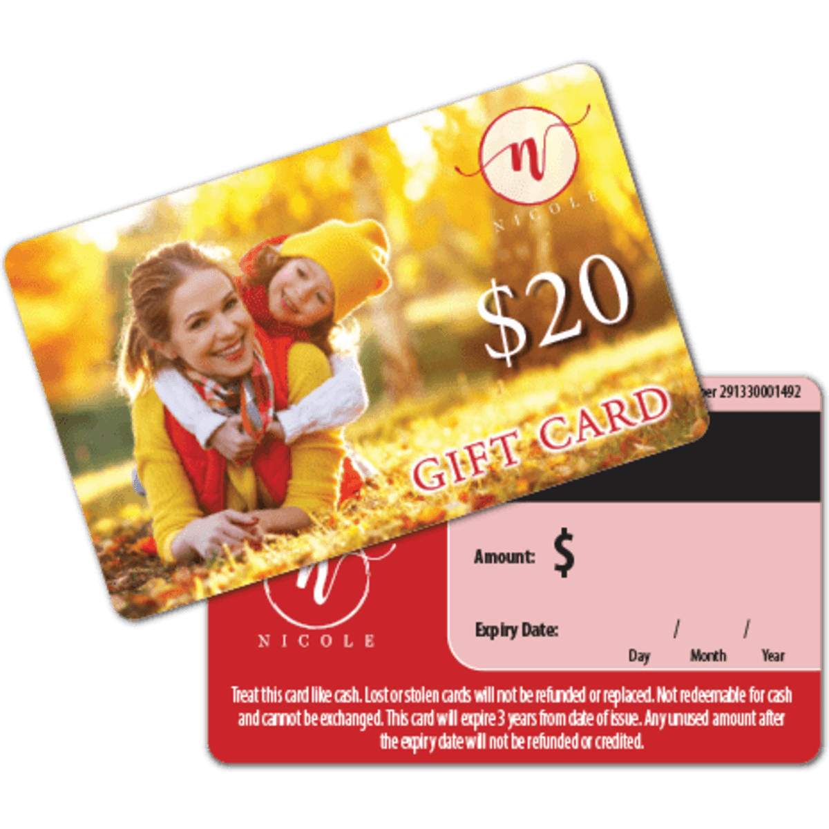 A colourful gift card featuring a smiling woman and child on one side, with a logo and a red, black, and white design on the reverse.