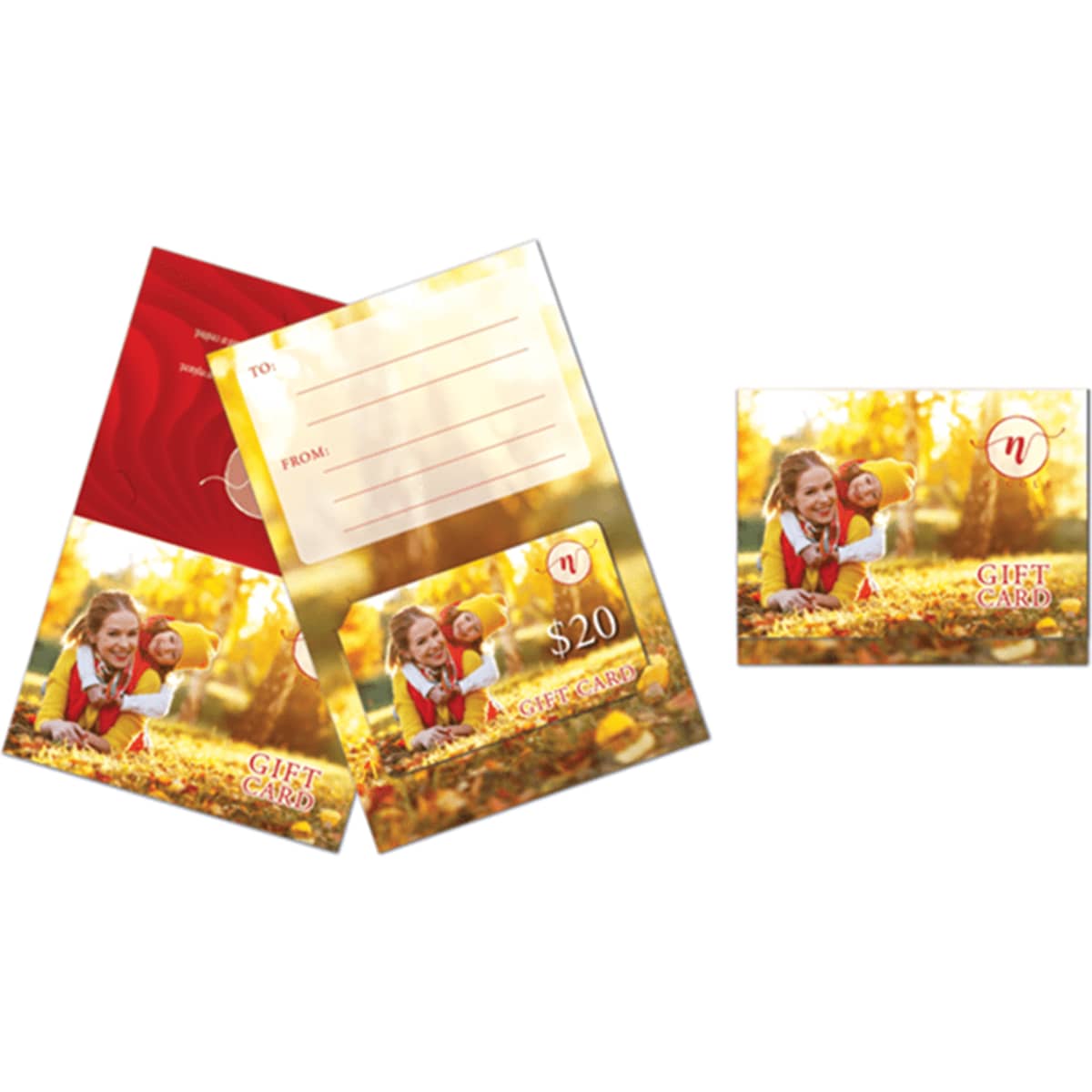 A card wallet featuring a $20 gift card design with autumn colours and a smiling child. It includes a space for a message.