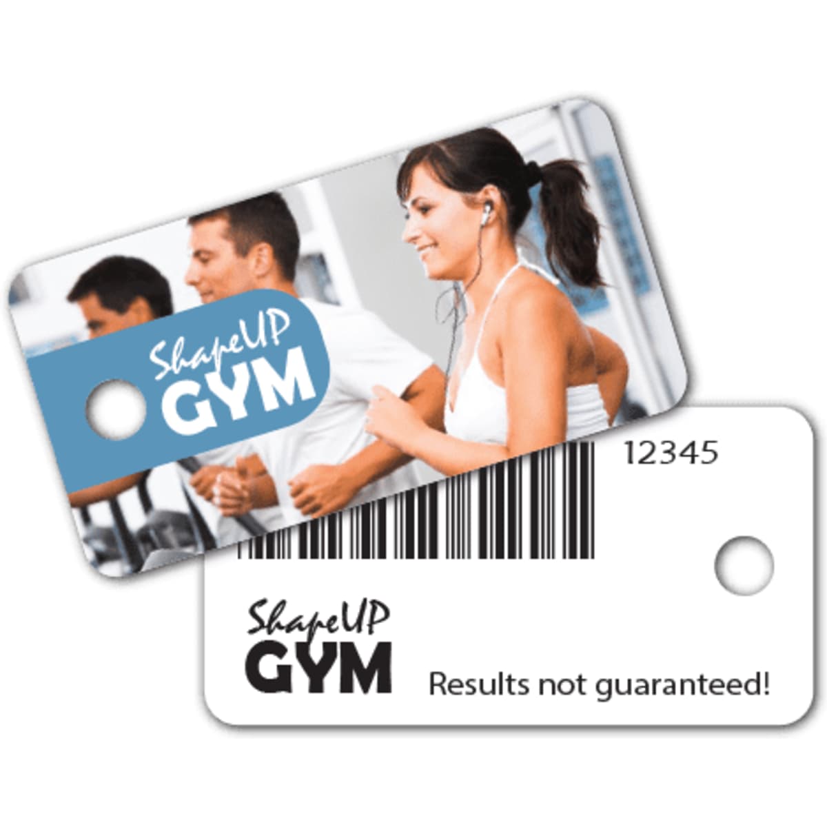 A keytag featuring a gym theme with a colourful image of people exercising and a barcode on the reverse side.