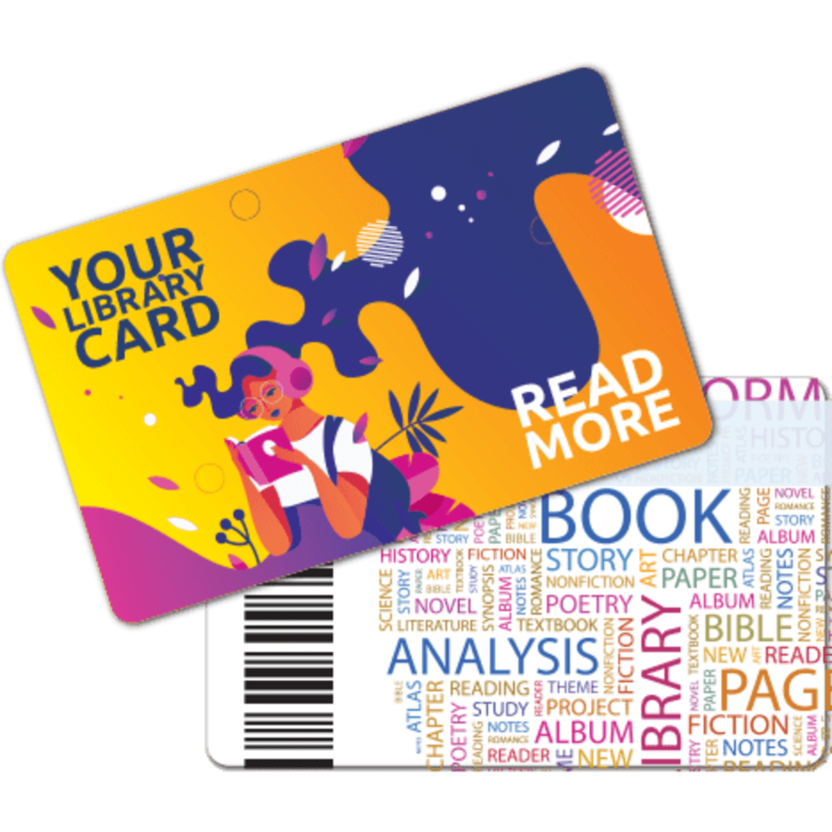 A promotional library card featuring vibrant colours, an illustration of a person reading, and a colorful word collage on the reverse.