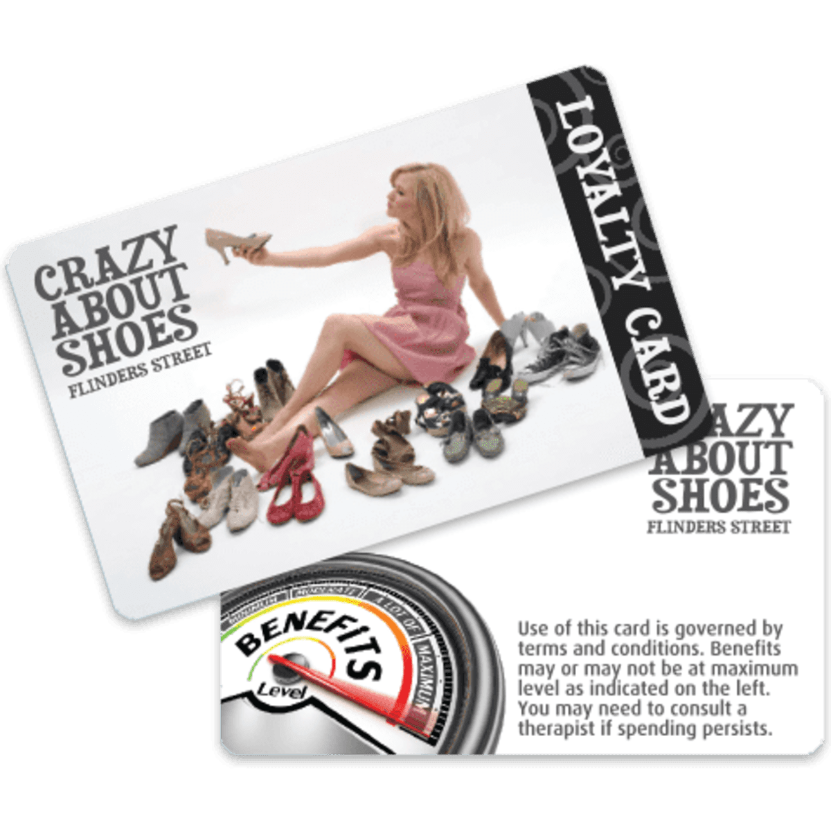 A loyalty card featuring a woman in a pink dress surrounded by various shoes, with a black and white design.