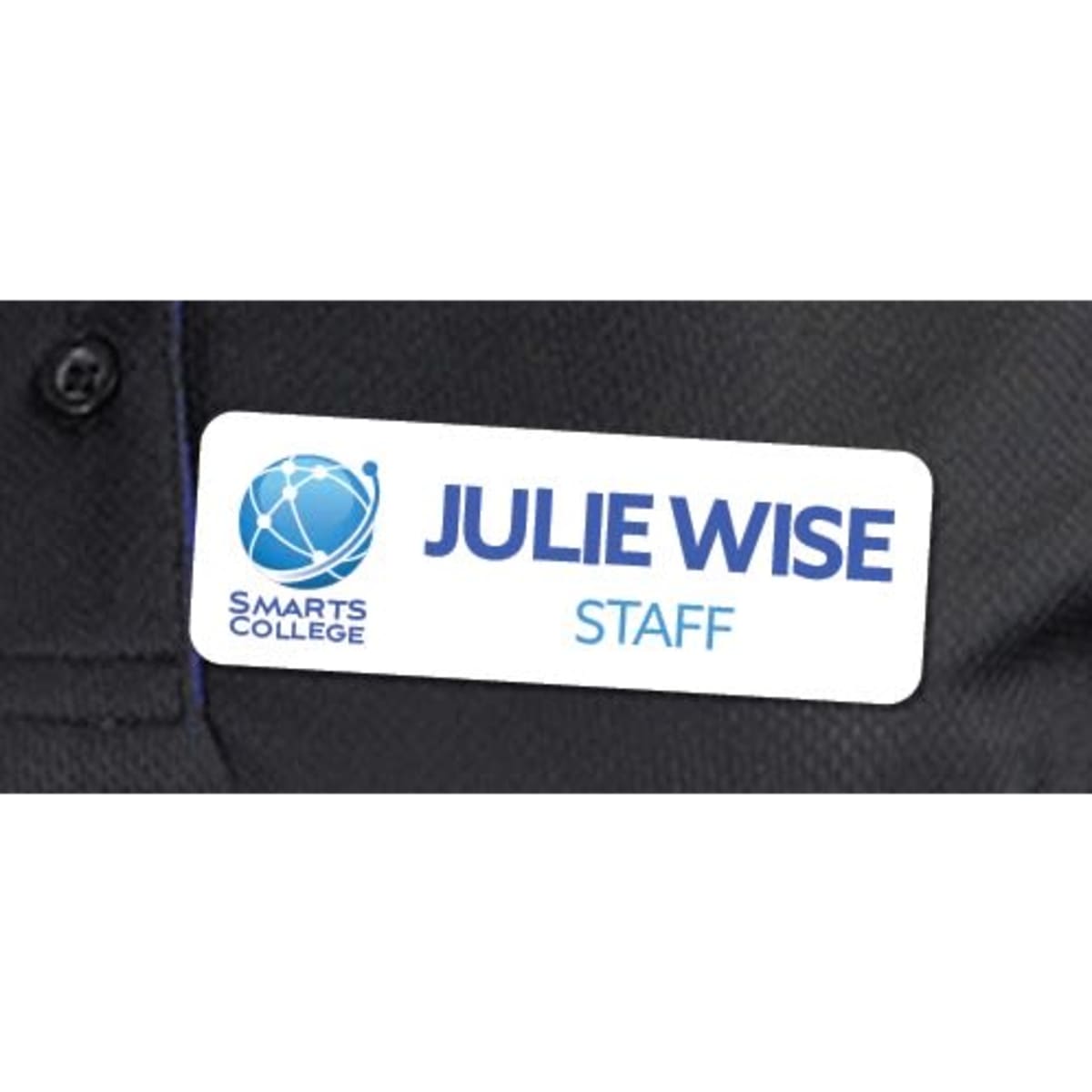 A name badge featuring a blue logo, with the name "JULIE WISE" and the word "STAFF" on a white background.