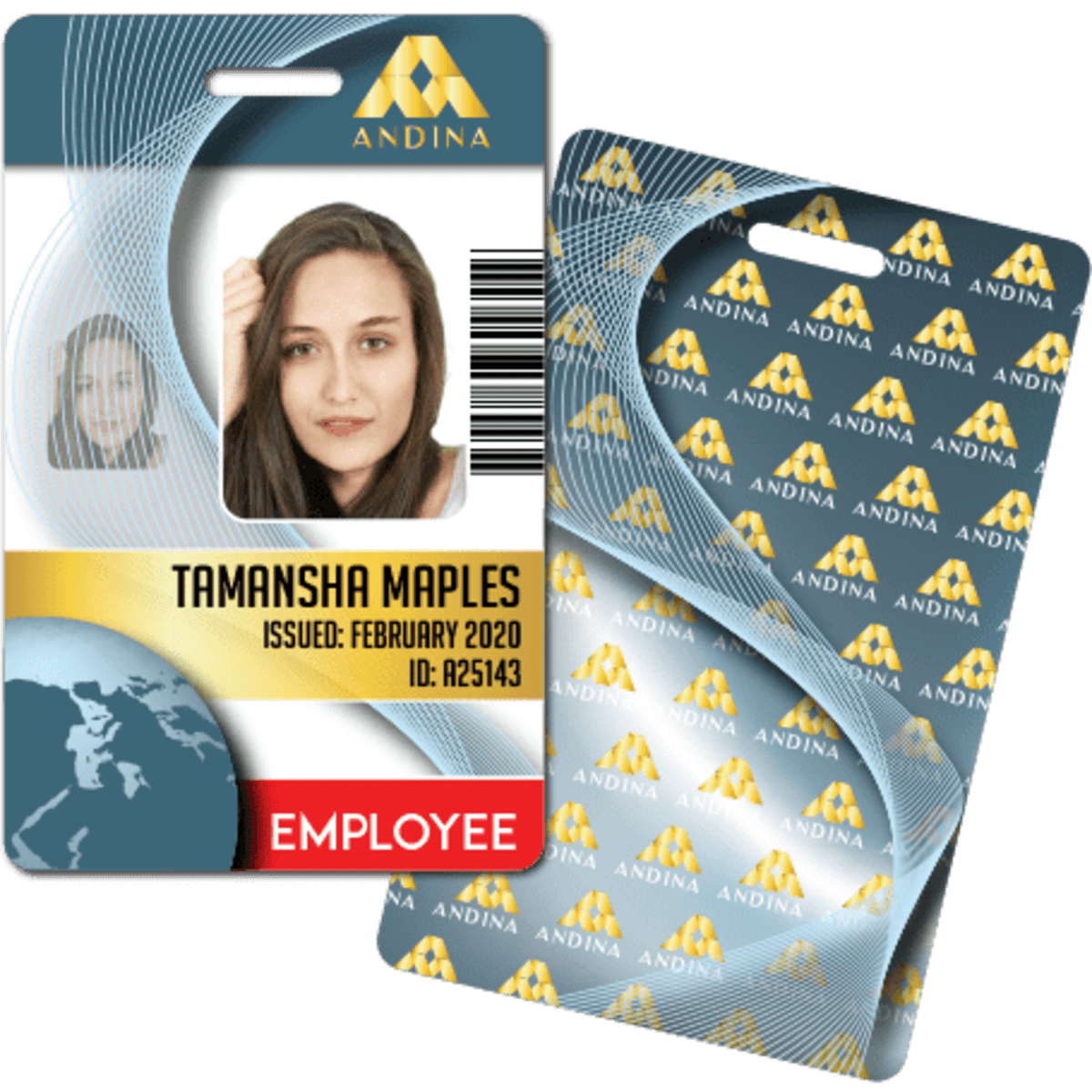 A promotional photo ID card featuring a photo, employee details, and a logo, with a blue and gold design.