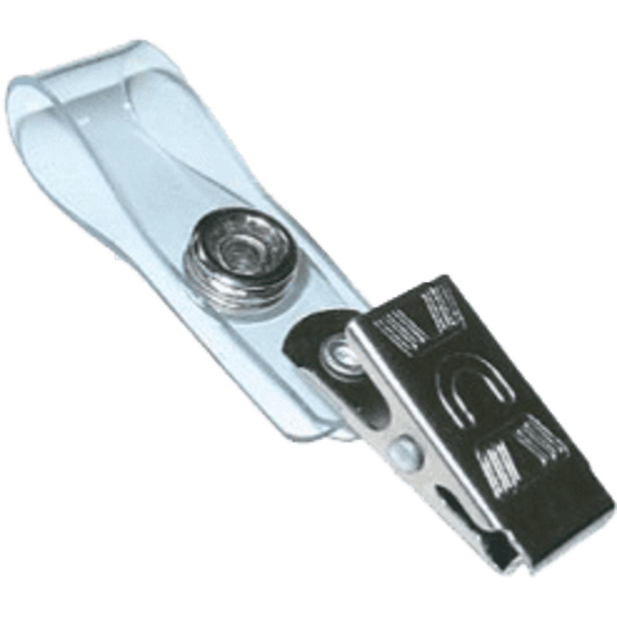 A clear plastic strap with a metallic clip for fastening, designed for badge holding at events.