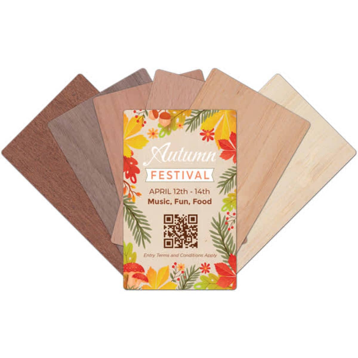 A collection of eco-friendly cards in various wood-like finishes, featuring floral and autumn-themed designs.