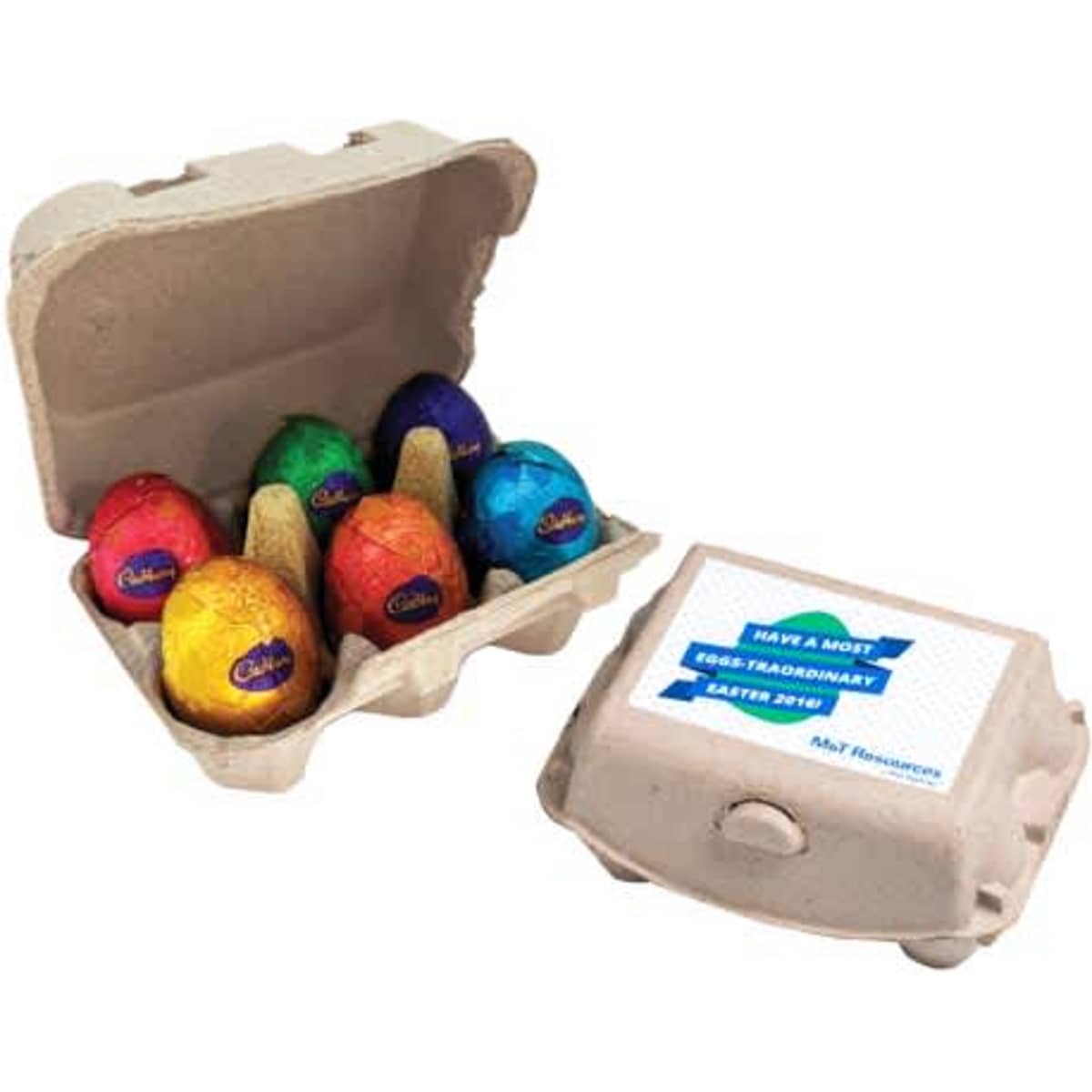 A carton containing six chocolate eggs in vibrant foil colours, with an egg carton design and a logo on top.