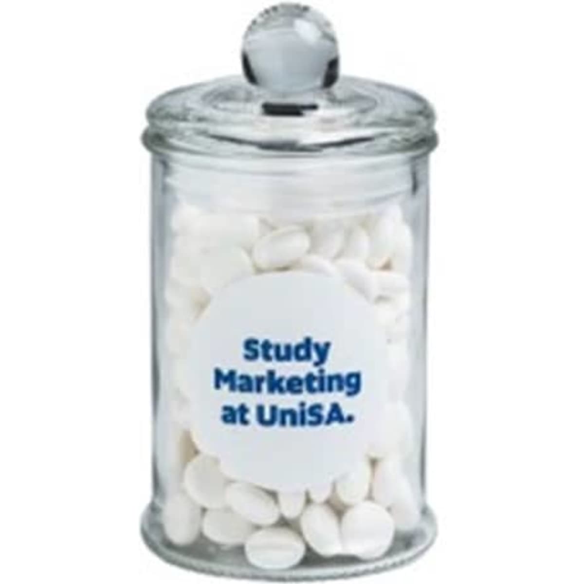 A clear apothecary jar containing white chewy mints, topped with a round lid and featuring a logo.