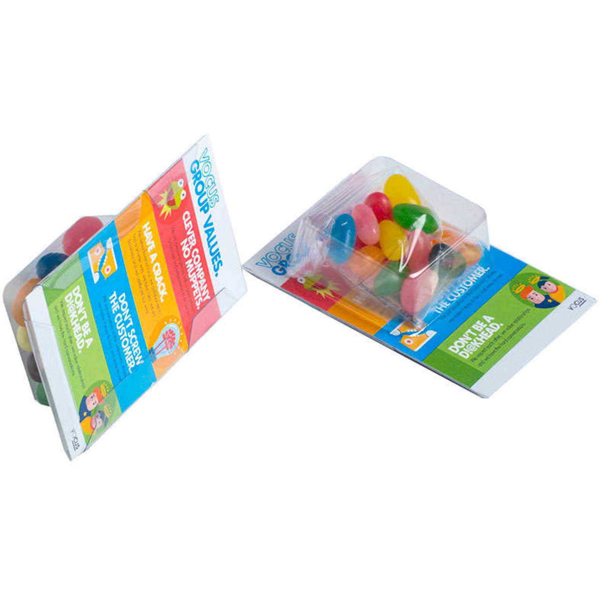 Small Biz Card Treats featuring assorted colourful jelly beans in clear packaging with a branded label.