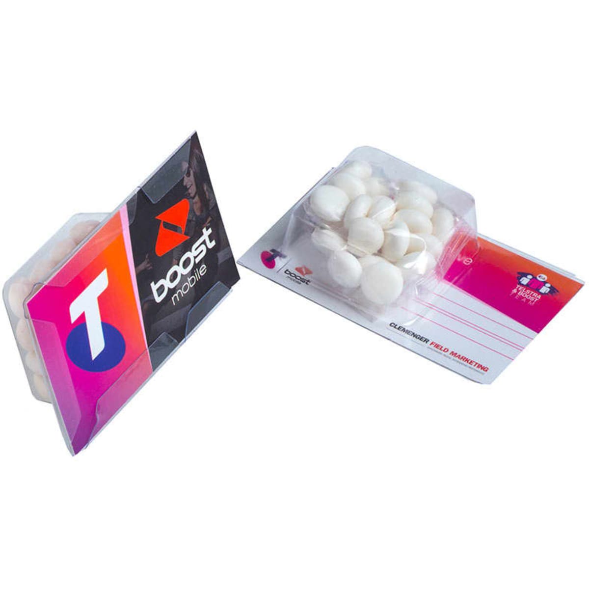 A packet of white mints in a colourful card holder with a logo. The holder features vibrant pink and purple hues.