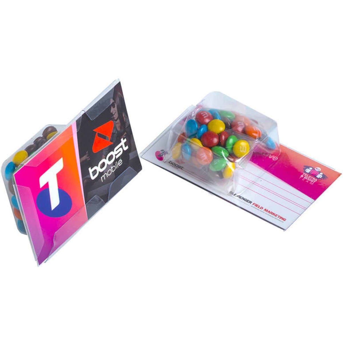 Small Biz Card Treats featuring colourful mini M&Ms in a clear packaging with a branded card.