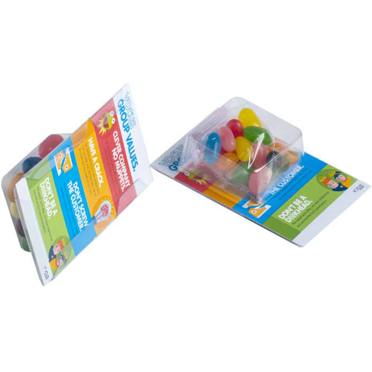 Two packs of jelly beans in assorted colours, featuring a branding logo, displayed upright.
