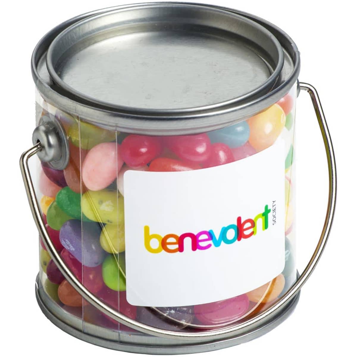 A small clear PVC bucket filled with colourful JELLY BELLY jelly beans, featuring a silver handle and a branding label.