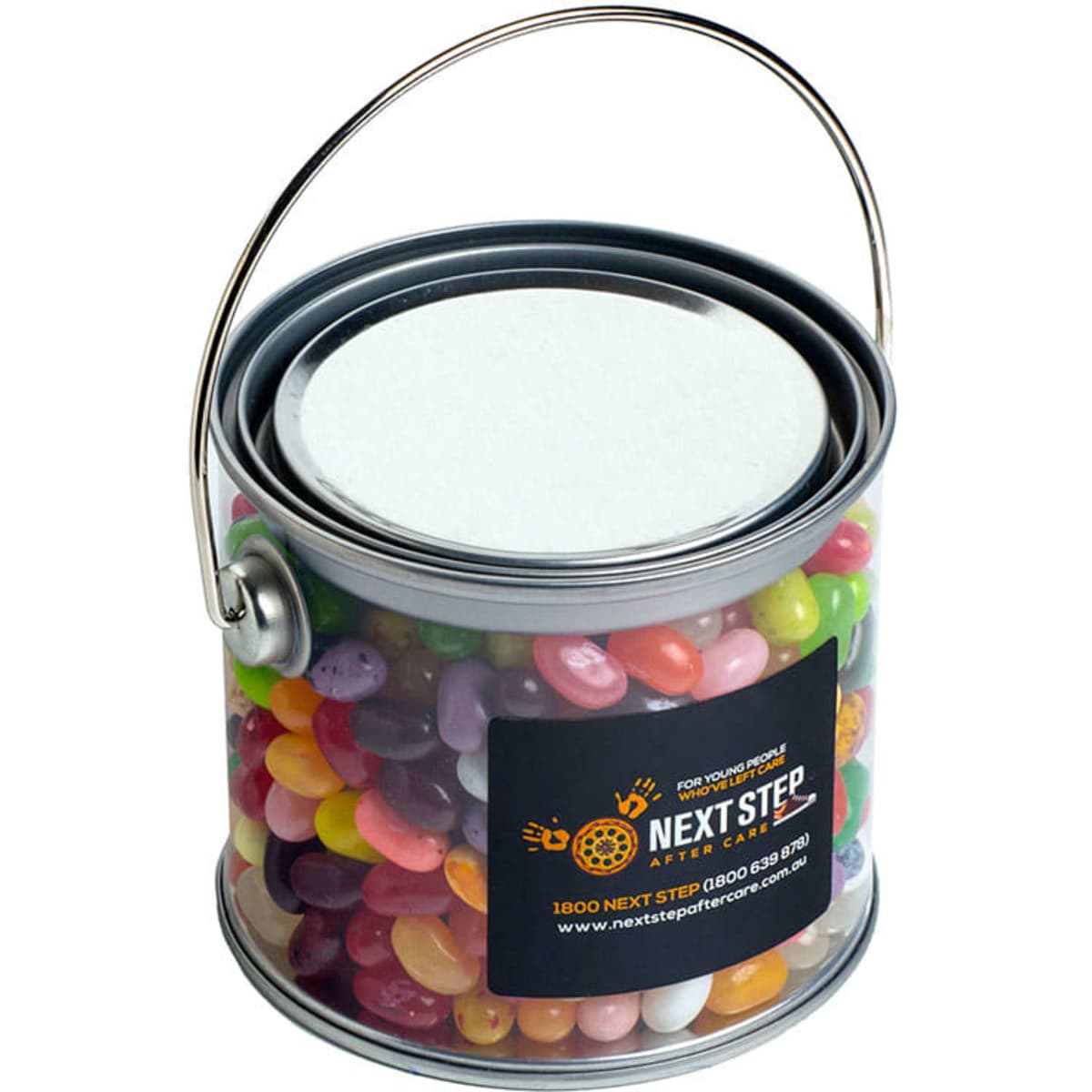A medium PVC bucket filled with colourful JELLY BELLY jelly beans, featuring a silver handle and a branded logo.