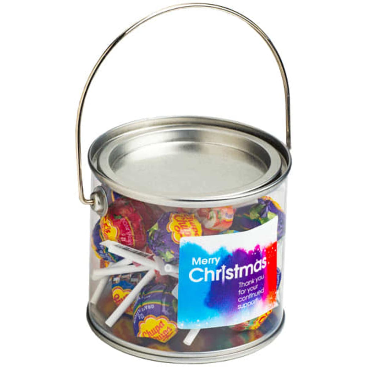 A medium silver PVC bucket filled with colourful lollipops, featuring a handle and a branding label.