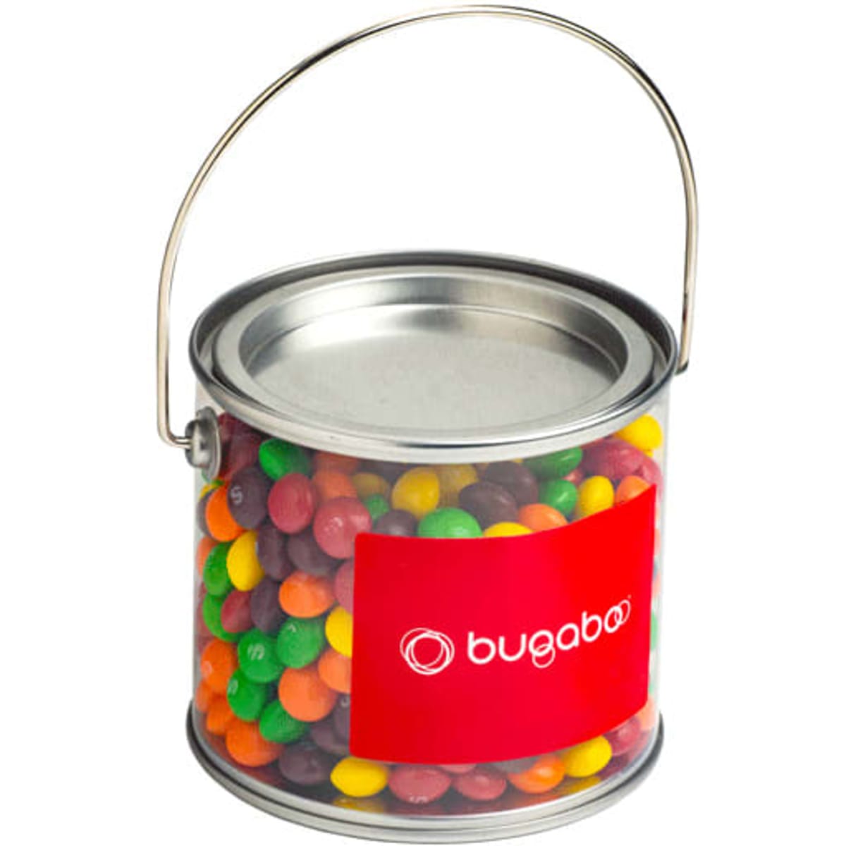 A medium PVC bucket filled with colourful Skittles, featuring a metal handle and a logo.