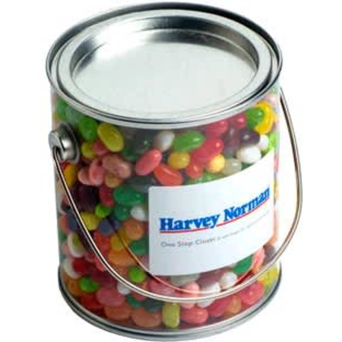 A big transparent PVC bucket filled with colourful jelly beans, featuring a metal lid and a handle.