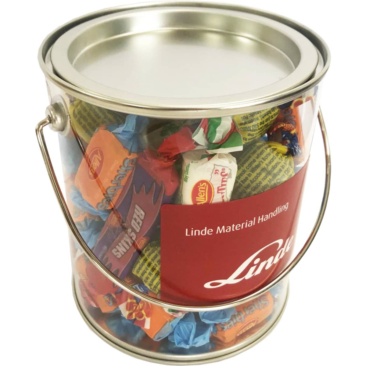 A clear PVC bucket filled with colourful Allen's lollies, featuring a metal handle and a red branding label.