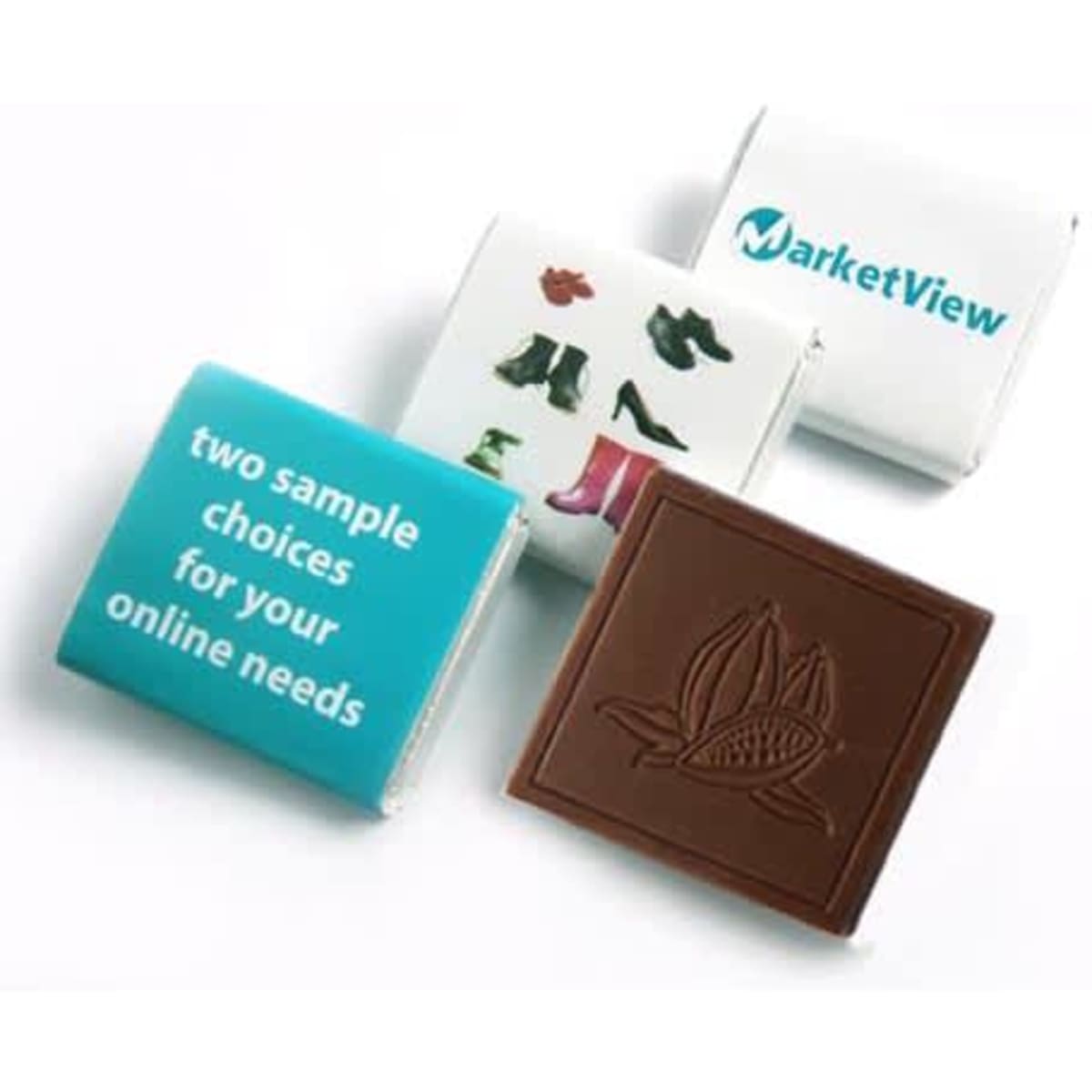A selection of chocolates, including two branded wrappers and one chocolate featuring a floral design, in brown and white packaging.