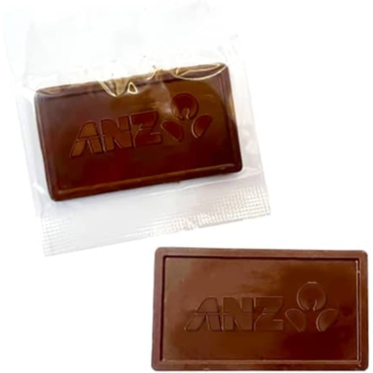 An embossed chocolate bar in dark brown, packaged in a clear wrapper, featuring a logo.
