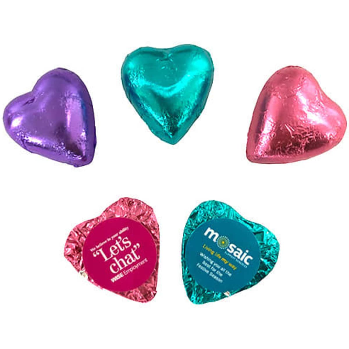 A selection of heart-shaped chocolates in purple, teal, and pink foil, with some featuring branding.
