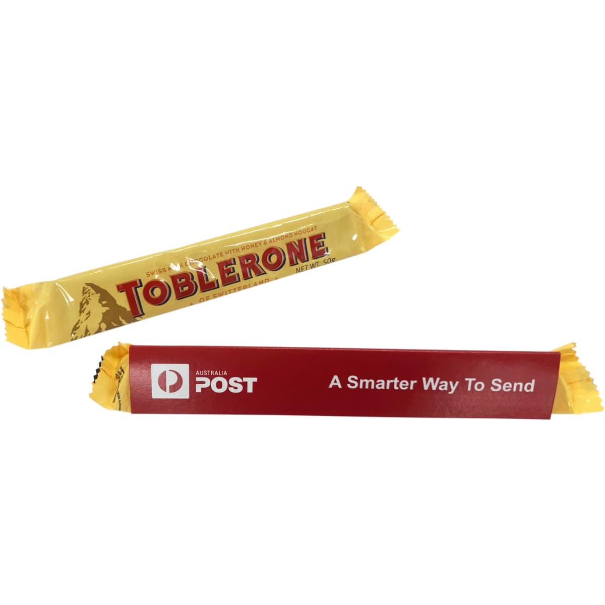 A yellow Toblerone chocolate bar with a sleeve, featuring a logo and promotional text.